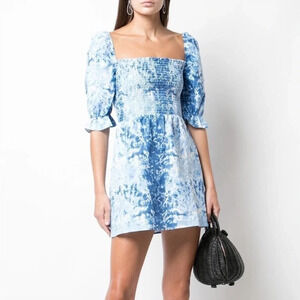 Reformation size Medium 100% Linen Blue Dyed Mini Dress Smocked Western Beachy